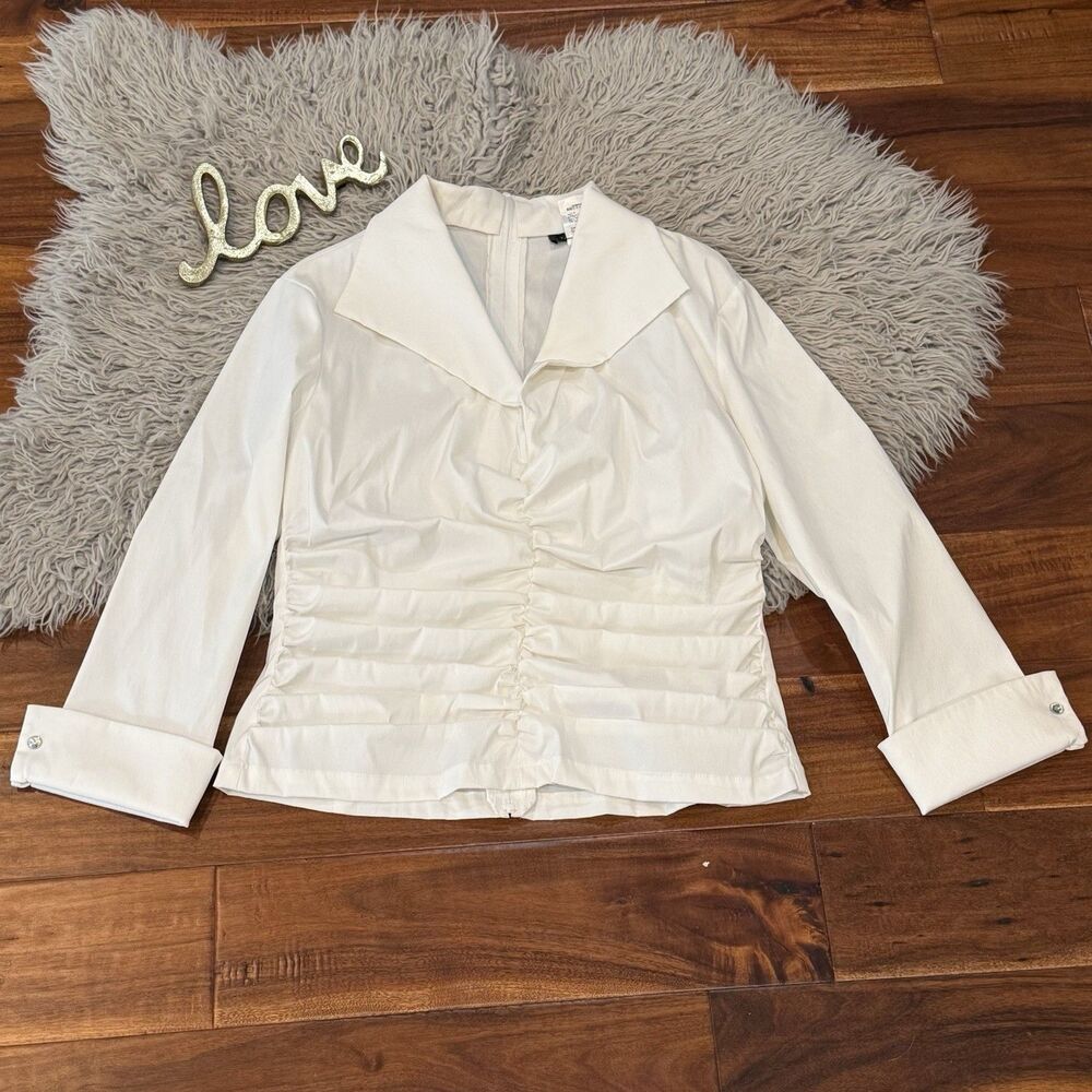 VTG 80s Tadashi Shoji White Ruched Iridescent Taffeta Blouse Size 12 Glam Bold